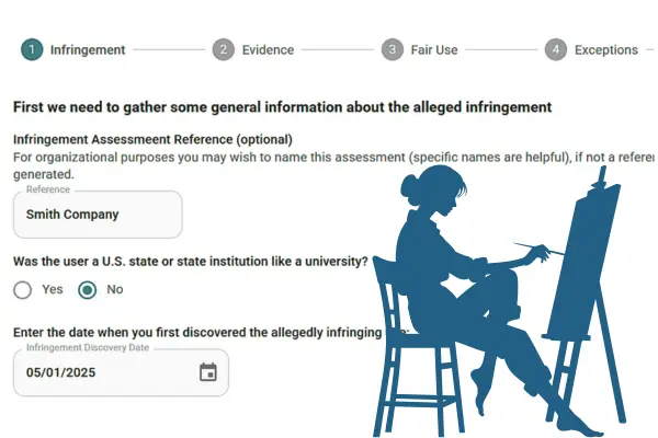 Screenshot of RightsClick enforcement screen with silhouette of artist painting with easel