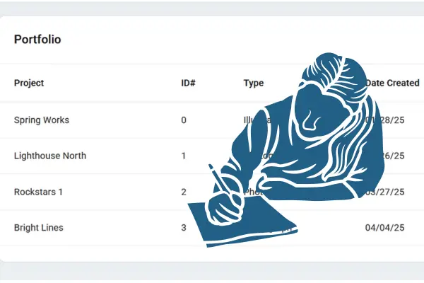 Screenshot of RightsClick portfolio view with silhouette of writer overlayed